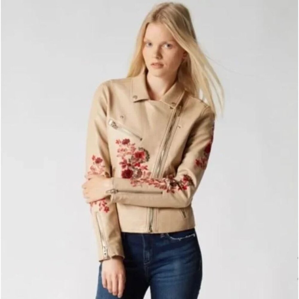 NWT Blank NYC Tan Floral Embroidered Vegan Leather Moto Jacket Size XS Biker - Picture 3 of 10